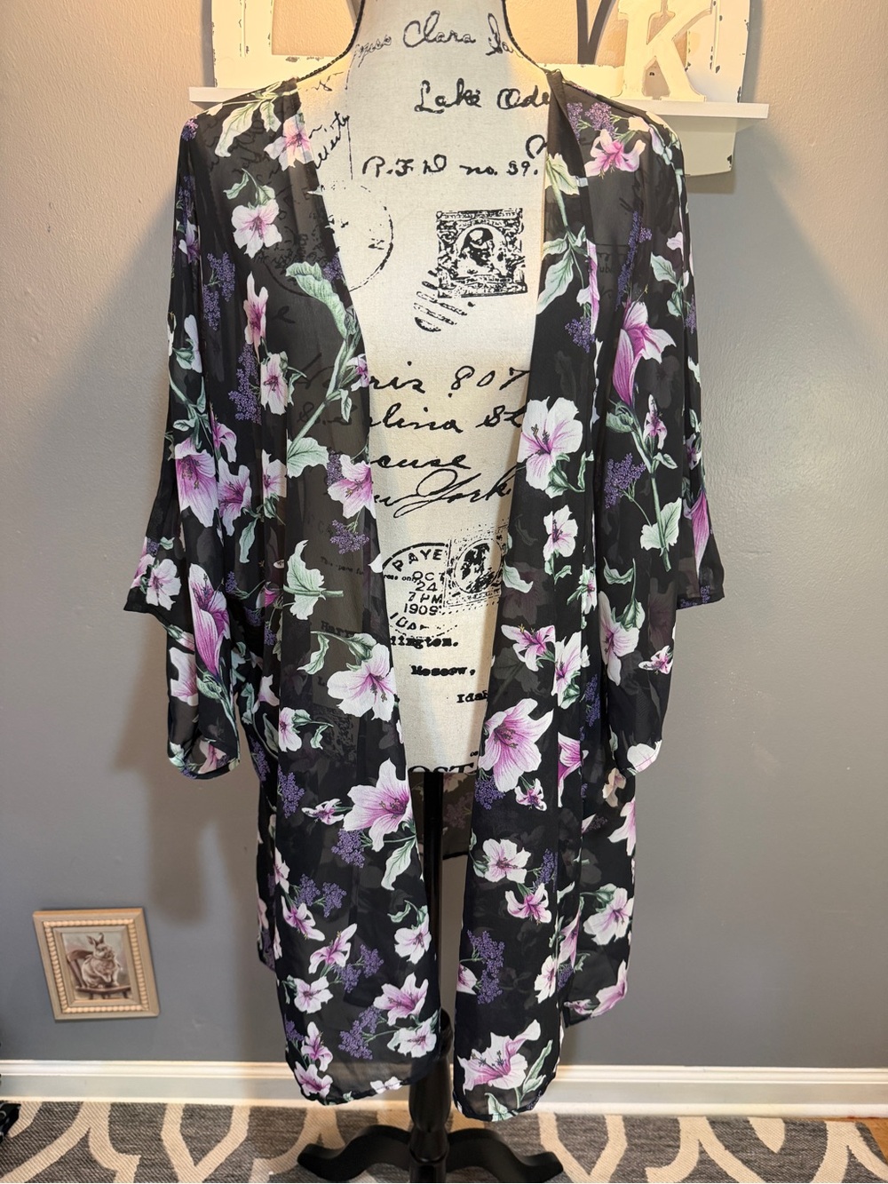 LULAROE BLACK SHEER KIMONO WITH FLORAL PRINT XL
